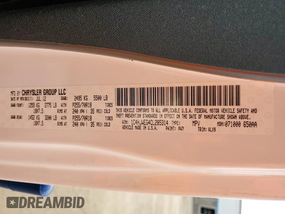 2012 Jeep Wrangler Unlimited Altitude with VIN 1C4HJWEG4CL285314, listed as a Copart auction lot 54494955 with 137,011 mi miles and Salvage title. Bid and sale history available at DreamBid. Image 12.