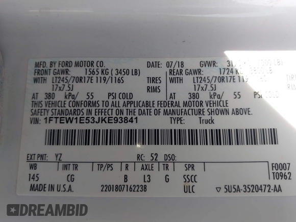 2018 Ford F-150 XL with VIN 1FTEW1E53JKE93841, listed as a IAAI auction lot 42256829 with 126,192 mi miles and . Bid and sale history available at DreamBid. Image 9.