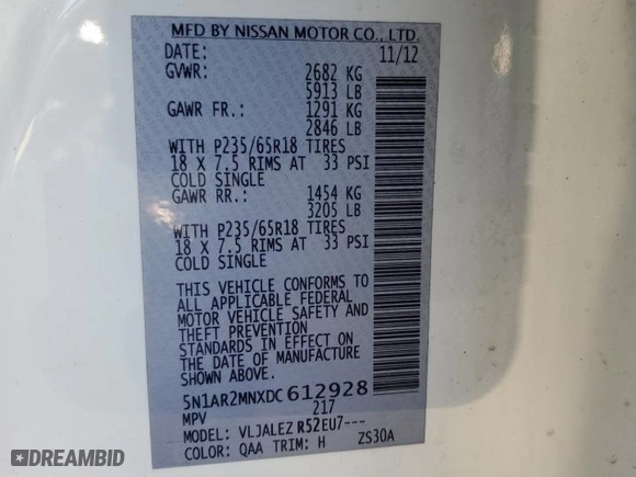 2013 Nissan Pathfinder Platinum with VIN 5N1AR2MNXDC612928, listed as a Copart auction lot 44222245 with 180,743 mi miles and Clean Title. Bid and sale history available at carsss.com. Image 13.