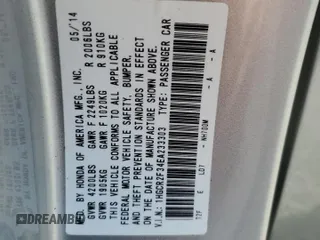 2014 Honda Accord LX z VIN 1HGCR2F34EA233303, wystawiony jako Copart lot #57420805 z przebiegiem 65 274 mil mil oraz Szkoda całkowita • Salvage title. Historia ofert i sprzedaży dostępna na DreamBid. Obrazek 12.