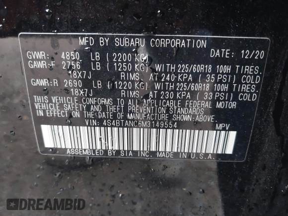 2021 Subaru Outback Limited с VIN 4S4BTANC6M3149554, выставлен на аукционе IAAI как лот 41804834 с пробегом Не указан миль и . История ставок и продаж доступна на DreamBid. Изображение 9.