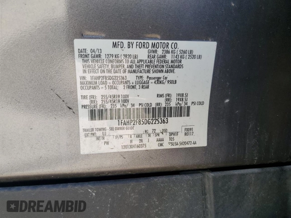 2013 Ford Taurus Limited with VIN 1FAHP2F85DG225363, listed as a Copart auction lot 56127255 with 128,660 mi miles and Salvage title. Bid and sale history available at DreamBid. Image 12.