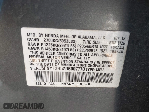 2013 Honda Pilot EX-L with VIN 5FNYF3H52DB007770, listed as a IAAI auction lot 41773226 with 177,208 mi miles. Bid and sale history available at carsss.com. Image 9.
