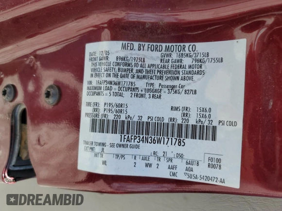 2006 Ford Focus S z VIN 1FAFP34N36W171785, wystawiony jako Copart lot #55815195 z przebiegiem 164 074 mil mil oraz Szkoda całkowita • Salvage title. Historia ofert i sprzedaży dostępna na DreamBid. Obrazek 12.