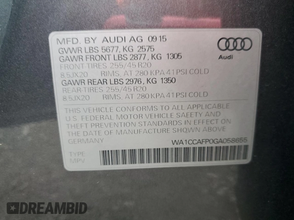 2016 Audi SQ5 Premium Plus with VIN WA1CCAFP0GA058655, listed as a Copart auction lot 83008654 with 67,587 mi miles and Salvage Title. Bid and sale history available at carsss.com. Image 13.