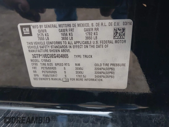 2014 GMC Sierra 1500 SLT with VIN 3GTP1VEC9EG404865, listed as a IAAI auction lot 40850083 with 50,176 mi miles and . Bid and sale history available at DreamBid. Image 9.