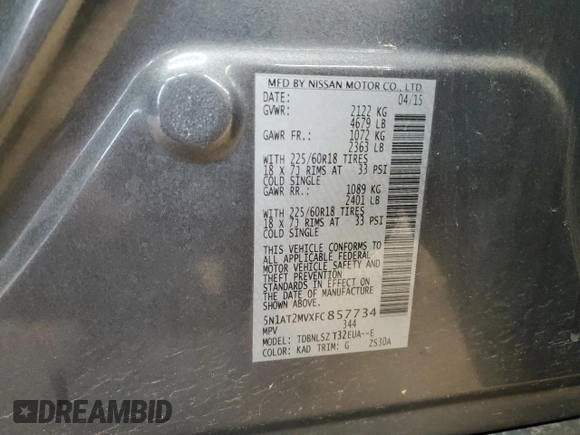 2015 Nissan Rogue SV with VIN 5N1AT2MVXFC857734, listed as a Copart auction lot 53336975 with 170,944 mi miles and Salvage Title. Bid and sale history available at DreamBid. Image 13.
