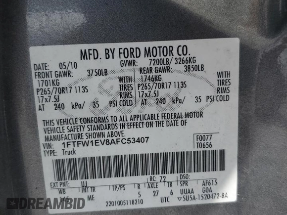 2010 Ford F-150 XL with VIN 1FTFW1EV8AFC53407, listed as a Copart auction lot 60062675 with 164,740 mi miles and Clean title. Bid and sale history available at DreamBid. Image 12.