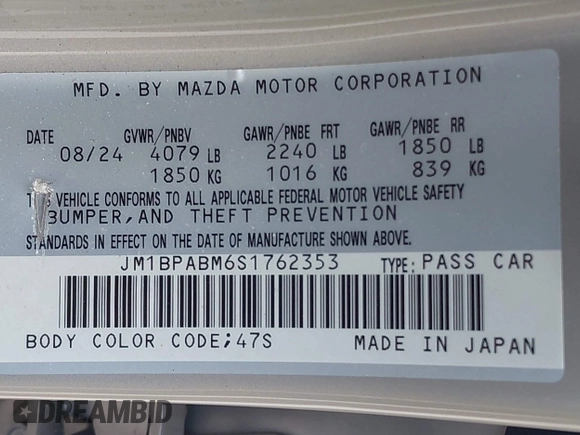 2025 Mazda 3 S Select Sport with VIN JM1BPABM6S1762353, listed as a IAAI auction lot 41967604 with 7,844 mi miles and . Bid and sale history available at DreamBid. Image 9.