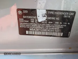 2014 BMW 3 Series 320i with VIN WBA3B1G58ENS81101, listed as a IAAI auction lot 38950717 with 1 mi miles. Bid and sale history available at carsss.com. Image 9.