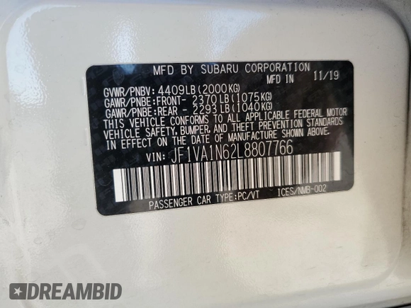 2020 Subaru WRX Limited with VIN JF1VA1N62L8807766, listed as a Copart auction lot 84269764 with 39,367 mi miles and Salvage Title. Bid and sale history available at carsss.com. Image 13.