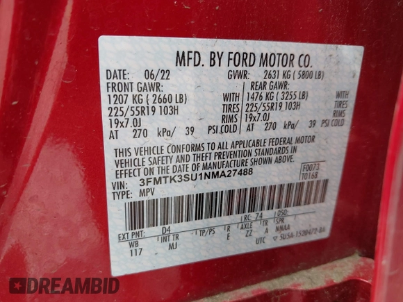 2022 Ford Mustang Mach-E Premium с VIN 3FMTK3SU1NMA27488, выставлен на аукционе IAAI как лот 42580899 с пробегом 37 982 миль миль и . История ставок и продаж доступна на DreamBid. Изображение 9.