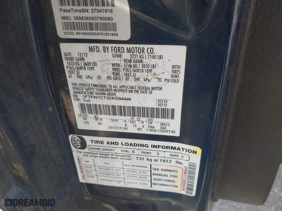 2013 Ford F-150 XL with VIN 1FTFW1CT3DKD94446, listed as a IAAI auction lot 41865548 with 204,567 mi miles. Bid and sale history available at carsss.com. Image 9.