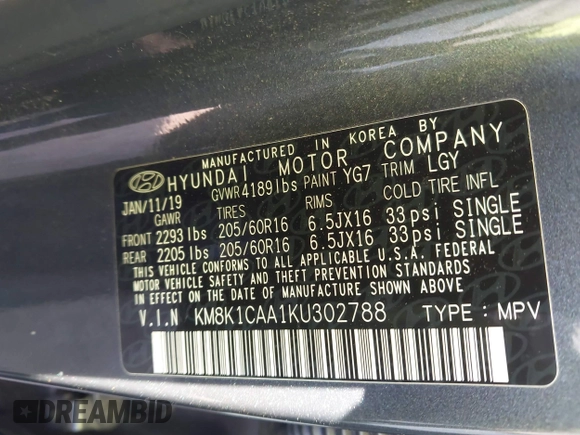 2019 Hyundai Kona SE with VIN KM8K1CAA1KU302788, listed as a IAAI auction lot 40709755 with 46,724 mi miles. Bid and sale history available at carsss.com. Image 9.