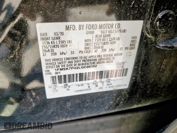 2020 Ford Explorer Limited z VIN 1FMSK7FH2LGC00152, wystawiony jako Copart lot #60723775 z przebiegiem 109 564 mil mil oraz Szkoda całkowita • Salvage title. Historia ofert i sprzedaży dostępna na DreamBid. Obrazek 14.