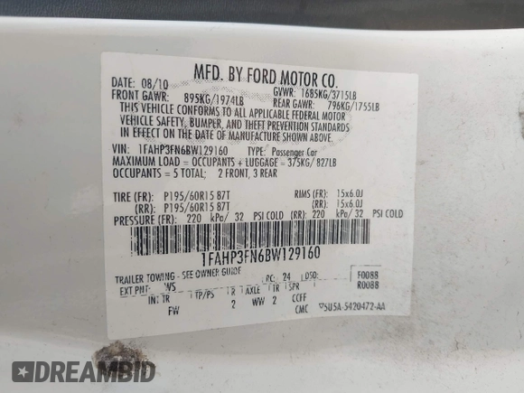 2011 Ford Focus SE with VIN 1FAHP3FN6BW129160, listed as a IAAI auction lot 42134500 with 257,496 mi miles and . Bid and sale history available at DreamBid. Image 9.