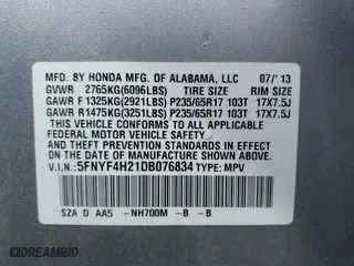 2013 Honda Pilot LX with VIN 5FNYF4H21DB076834, listed as a IAAI auction lot 41879938 with 174,219 mi miles. Bid and sale history available at carsss.com. Image 9.
