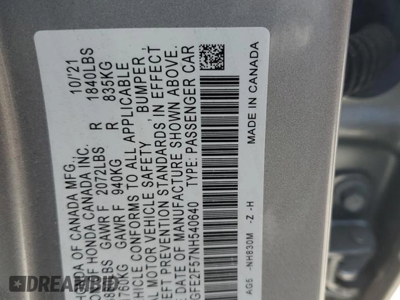 2022 Honda Civic Sport z VIN 2HGFE2F57NH540640, wystawiony jako Copart lot #54245285 z przebiegiem 29 048 mil mil oraz Szkoda całkowita • Salvage title. Historia ofert i sprzedaży dostępna na DreamBid. Obrazek 12.