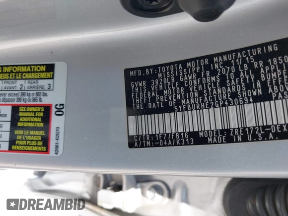 2016 Toyota Corolla L with VIN 5YFBURHE2GP430694, listed as a IAAI auction lot 41899399 with 229,887 mi miles and . Bid and sale history available at DreamBid. Image 9.
