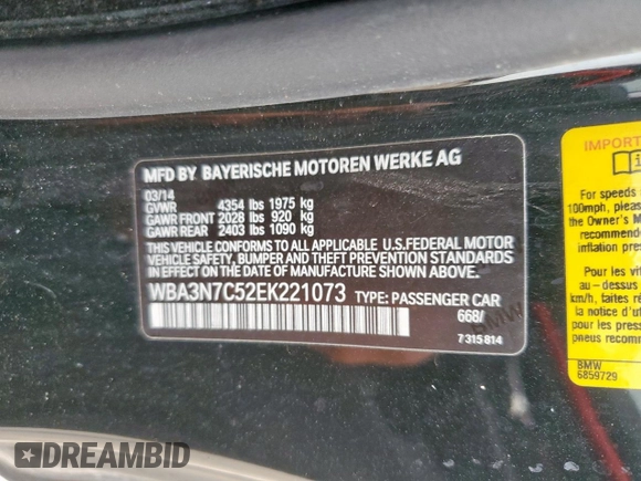 2014 BMW 4 Series 428i with VIN WBA3N7C52EK221073, listed as a Copart auction lot 63798085 with 101,862 mi miles and Salvage title. Bid and sale history available at DreamBid. Image 12.