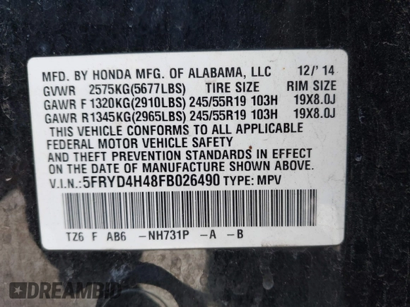 2015 Acura MDX Tech Pkg with VIN 5FRYD4H48FB026490, listed as a IAAI auction lot 41791560 with 190,000 mi miles. Bid and sale history available at carsss.com. Image 9.