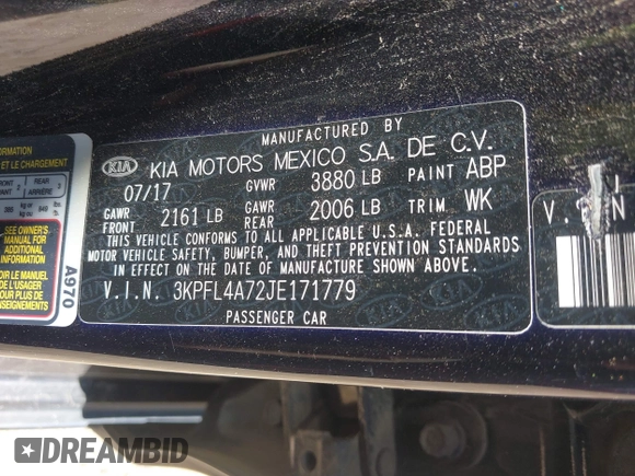 2018 Kia Forte LX with VIN 3KPFL4A72JE171779, listed as a IAAI auction lot 41769031 with 97,650 mi miles and . Bid and sale history available at DreamBid. Image 9.