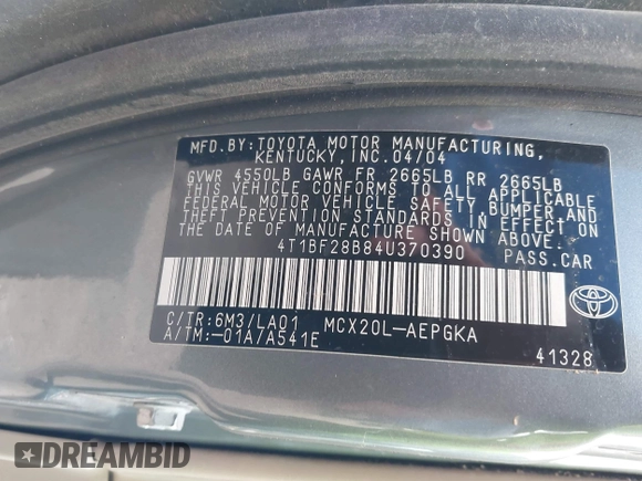 2004 Toyota Avalon XL with VIN 4T1BF28B84U370390, listed as a IAAI auction lot 41351151 with 242,910 mi miles and . Bid and sale history available at DreamBid. Image 9.