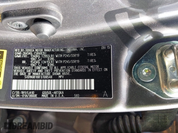 2015 Toyota Highlander Limited with VIN 5TDYKRFHXFS108548, listed as a IAAI auction lot 42473420 with 149,565 mi miles and . Bid and sale history available at DreamBid. Image 9.