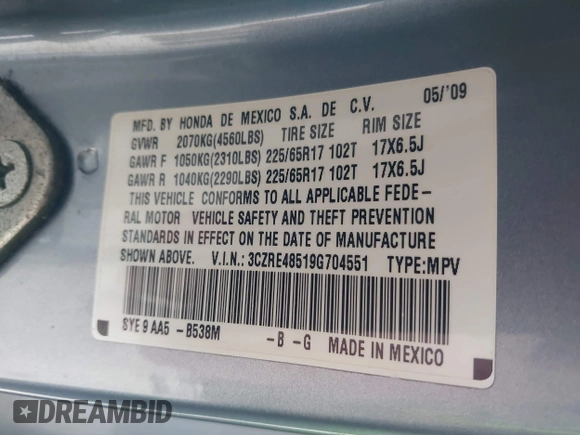 2009 Honda CR-V EX z VIN 3CZRE48519G704551, wystawiony jako IAAI lot #41916990 z przebiegiem 127 568 mil mil oraz . Historia ofert i sprzedaży dostępna na DreamBid. Obrazek 9.