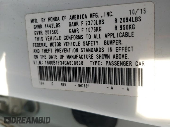 2016 Acura TLX with VIN 19UUB1F34GA000608, listed as a Copart auction lot 60964035 with 125,795 mi miles and Salvage title. Bid and sale history available at DreamBid. Image 12.