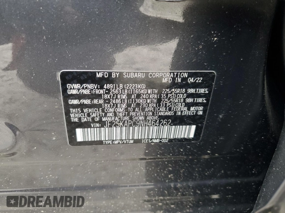 2022 Subaru Forester Limited с VIN JF2SKAPC9NH464262, выставлен на аукционе Copart как лот 58025295 с пробегом 6 807 миль миль и Списание • Salvage title. История ставок и продаж доступна на DreamBid. Изображение 13.