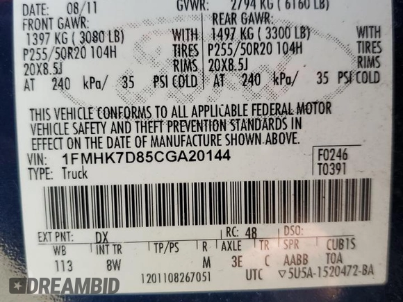 2012 Ford Explorer XLT with VIN 1FMHK7D85CGA20144, listed as a Copart auction lot 53333065 with 164,654 mi miles and Salvage Title. Bid and sale history available at DreamBid. Image 13.