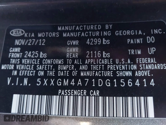 2013 Kia Optima LX with VIN 5XXGM4A71DG156414, listed as a IAAI auction lot 40946815 with 60,278 mi miles. Bid and sale history available at carsss.com. Image 9.