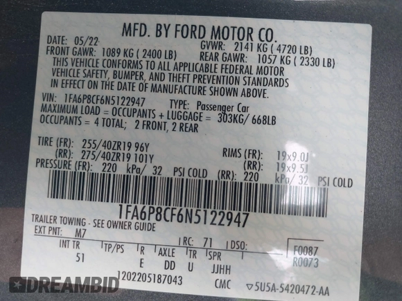 2022 Ford Mustang GT with VIN 1FA6P8CF6N5122947, listed as a IAAI auction lot 41522411 with Not Provided miles and . Bid and sale history available at carsss.com. Image 9.
