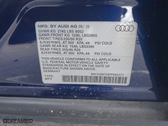 2023 Audi Q4 e-tron Sportback Premium Plus with VIN WA132BFZ4PP063171, listed as a IAAI auction lot 41213898 with 12,708 mi miles. Bid and sale history available at carsss.com. Image 9.