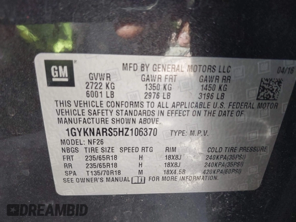 2017 Cadillac XT5 FWD с VIN 1GYKNARS5HZ106370, выставлен на аукционе IAAI как лот 41849187 с пробегом 188 287 миль миль и . История ставок и продаж доступна на DreamBid. Изображение 9.