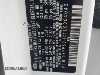 2020 Kia Telluride S with VIN 5XYP6DHC1LG004043, listed as a Copart auction lot 53561515 with 50,232 mi miles and Non Repairable. Bid and sale history available at DreamBid. Image 13.