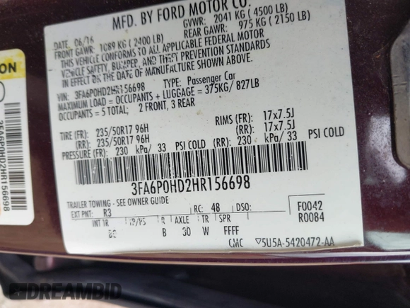 2017 Ford Fusion SE with VIN 3FA6P0HD2HR156698, listed as a IAAI auction lot 42096631 with 106,258 mi miles and . Bid and sale history available at DreamBid. Image 9.
