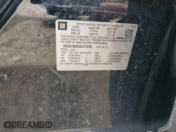 2013 GMC Terrain SLE with VIN 2GKALSEK5D6201878, listed as a Copart auction lot 56311475 with 71,441 mi miles and Clean title. Bid and sale history available at DreamBid. Image 13.