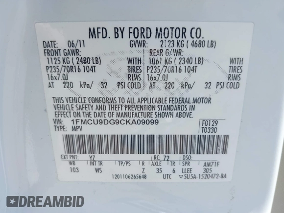 2012 Ford Escape XLT with VIN 1FMCU9DG9CKA09099, listed as a IAAI auction lot 40371699 with 136,707 mi miles and . Bid and sale history available at DreamBid. Image 9.