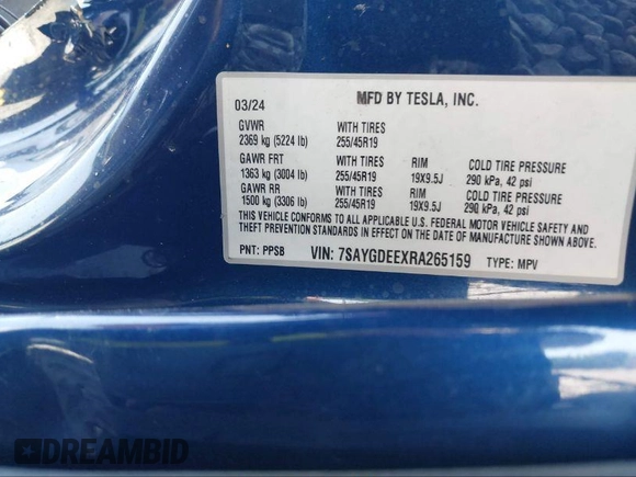 2024 Tesla Model Y Long Range with VIN 7SAYGDEEXRA265159, listed as a IAAI auction lot 40907008 with Not Provided miles and . Bid and sale history available at DreamBid. Image 9.