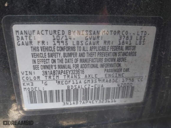 2014 Nissan Sentra S with VIN 3N1AB7AP4EY323616, listed as a IAAI auction lot 41752379 with 318,930 mi miles. Bid and sale history available at carsss.com. Image 9.