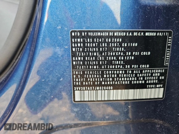 2018 Volkswagen Tiguan SEL с VIN 3VV3B7AX7JM026400, выставлен на аукционе Copart как лот 60910345 с пробегом 94 770 миль миль и Списание • Salvage title. История ставок и продаж доступна на DreamBid. Изображение 14.
