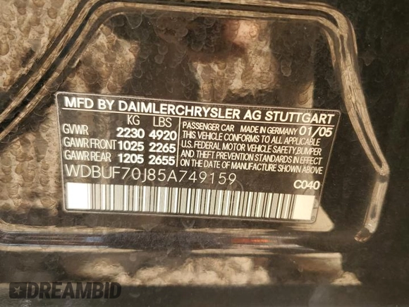 2005 Mercedes-Benz E 5.0L with VIN WDBUF70J85A749159, listed as a Copart auction lot 47374745 with 251,465 mi miles and Salvage Title. Bid and sale history available at carsss.com. Image 12.