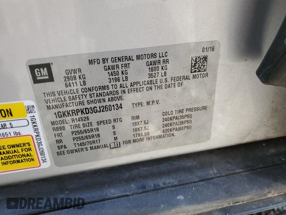 2016 GMC Acadia SLE with VIN 1GKKRPKD3GJ260134, listed as a Copart auction lot 49984015 with Not Provided miles and Salvage Title. Bid and sale history available at carsss.com. Image 13.