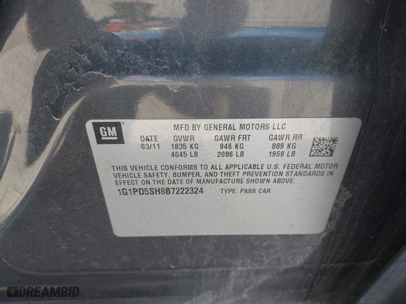 2011 Chevrolet Cruze LS with VIN 1G1PD5SH8B7222324, listed as a IAAI auction lot 42031989 with 214,914 mi miles. Bid and sale history available at carsss.com. Image 9.