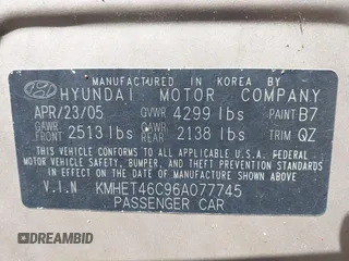 2006 Hyundai Sonata GL z VIN KMHET46C96A077745, wystawiony jako IAAI lot #42464975 z przebiegiem 242 779 mil mil oraz . Historia ofert i sprzedaży dostępna na DreamBid. Obrazek 9.