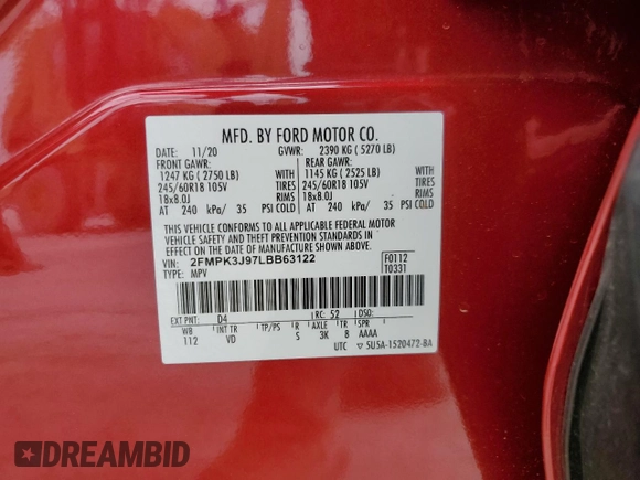 2020 Ford Edge SEL z VIN 2FMPK3J97LBB63122, wystawiony jako Copart lot #58329615 z przebiegiem 39 184 mil mil oraz Szkoda całkowita • Salvage title. Historia ofert i sprzedaży dostępna na DreamBid. Obrazek 13.