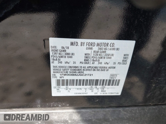 2018 Ford Explorer with VIN 1FM5K8B82JGC21721, listed as a IAAI auction lot 41192501 with 51,040 mi miles and . Bid and sale history available at DreamBid. Image 9.