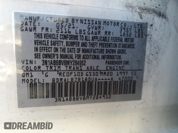 2021 Nissan Sentra S with VIN 3N1AB8BV8MY284952, listed as a Copart auction lot 52714715 with 36,038 mi miles and Non Repairable. Bid and sale history available at DreamBid. Image 12.